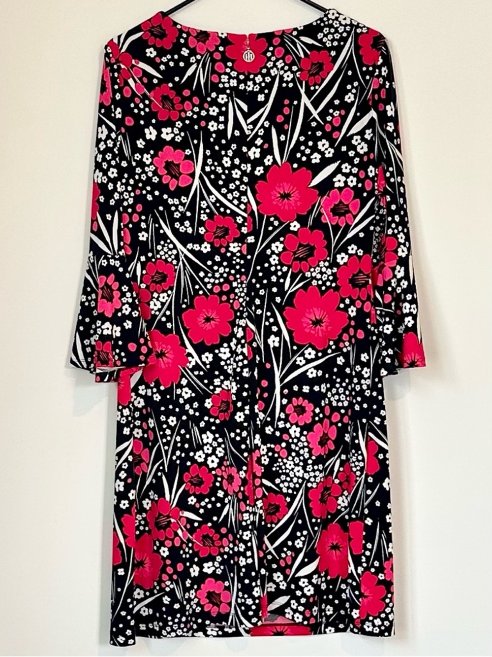 Tommy Hilfiger Black Dress with Hot Pink & White Floral Print and Bell Sleeves - Picture 8 of 8